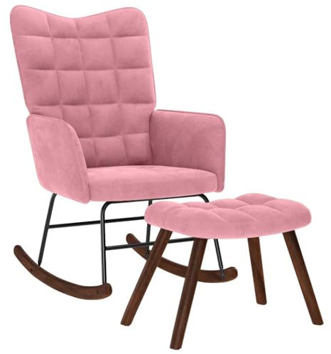 Cartvyn Fauteuil à bascule avec tabouret en velours rose - Fauteuil de relaxation avec cadre en bois et métal et accoudoirs rembourrés - Pour salon, chambre à coucher, chambre de bébé, pour se