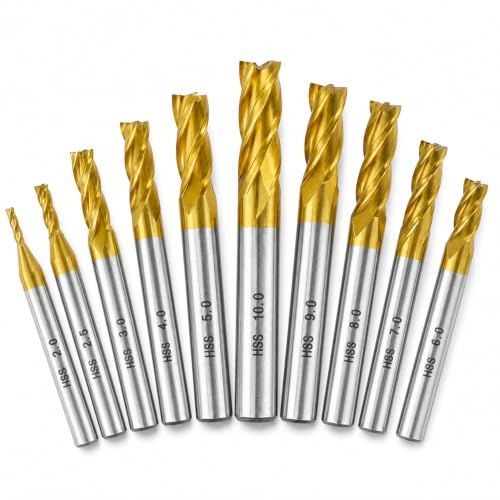 Juego de fresas de metal duro, 10 unidades, 2 – 10 mm, VHM, juego de 4 fresas para CNC, plástico, metal, acero inoxidable, acero al carbono, aluminio, madera, acrílico (dorado)