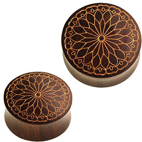 CHICNET Holz Plug Blütenblatt Mandala Blume Sonoholz Dunkelbraun golden Gravur 10 mm