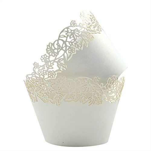 KEIVA Cupcake-Förmchen, 50 Stück, filigran, künstlerische Backförmchen, Papierförmchen, kleine Weinreben, Spitze, lasergeschnitten, Muffinförmchen für Hochzeit, Party, Geburtstag, Dekoration, Weiß