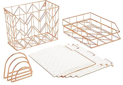 U Brands Desktop Fashion Filing Set, Desktop Organizer, Wire Metal, Rose Gold, 10 Pieces