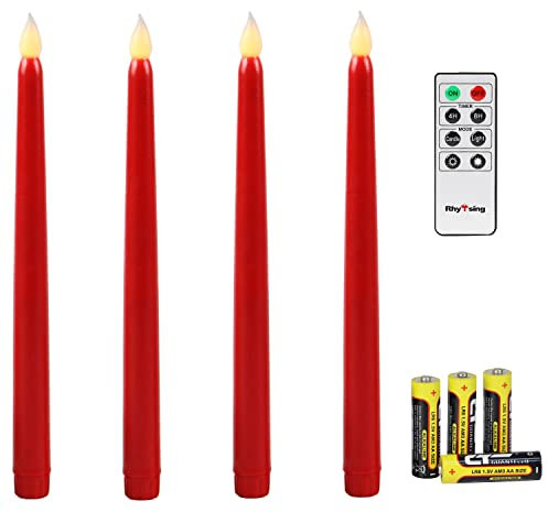Rhytsing Rot 4 Flammenlose LED Spitzkerzen mit Timerfunktion, Led Stabkerzen Tafelkerzen, Leuchterkerzen mit warmweißes Licht, Höhe je 27.5cm, Fernbedienung und Batterien enthalten