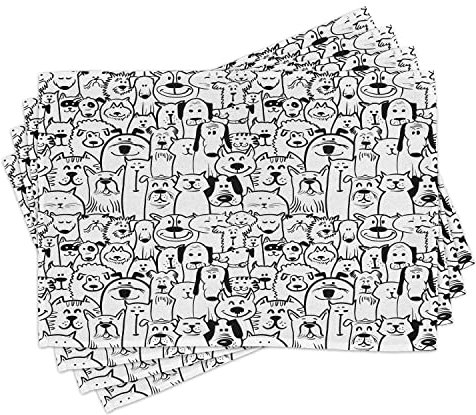 ABAKUHAUS Gekritzel Platzmatten, Sammlung von Hunden Katzen Cute Animals Fun glückliche Wesen Cartoon inspirierte Design, Untersetzer aus Waschbaren Stoff Tischdekoration mit Druck, Weißgrau Schwarz