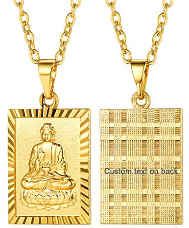 Collier Bouddha Homme Or Plaque Carre Graver Pendentif Bouddhiste Chinois Acier Inoxydable Médaille Amulette Protection Porte Bonheur Chaine Garcon 20 pouce 50cm