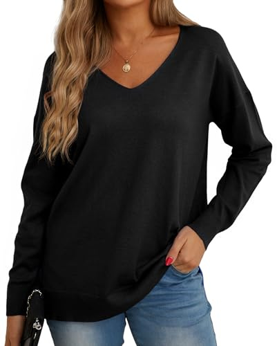 GRECERELLE Women's V Neck Knit Jumper Lightweight Long Sleeve Everyday Tops | Casual Soft Pullover Sweatshirt, Classic Plain Design Blouse T-Shirt, for Winter Fall Spring