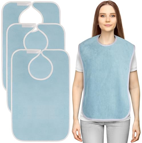 3 Pack Waterproof Premium Terry Adult Bibs for Women Men Seniors Blue