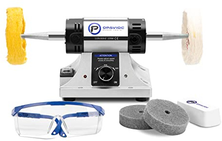 OPAVIOC Jewelry Polisher - Adjustable Variable Speed Bench Grinder Polishing & Buffing Machine, Dental Buffer & Lathe - Includes 2 Cloth Wheels, 2 Abrasive Fiber Wheels, Safefy Glass, Polish Compound