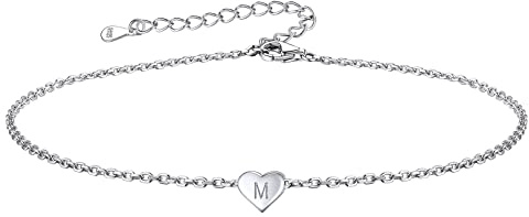 FOCALOOK Bracelet de Cheville Femme en Argent 925 avec Charm Coeur Gravé de Lettre Initiale, Chaîne de Cheville Fille 22+5cm