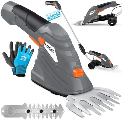 MASKO® Grasschere Strauchschere Set mit Akku 7,2V 2000mA/h elektrische Garten Heckenschere Rasenschere Inkl. Ladegerät, Handschuhe Grasmesser, Strauchmesser & stiel Teleskopstange 90-130cm mit Rädern