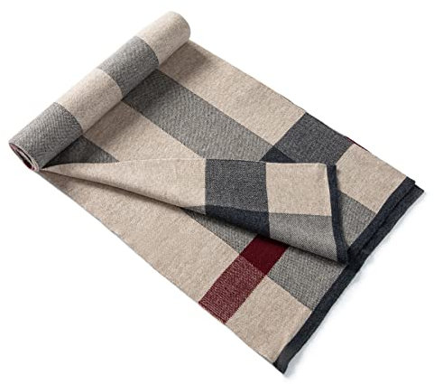 Lindoro Merino Wollschal für Herren, Warme, Leichte Tartan-Plaid-Winter-lange Schals mit Geschenkbox (Kamel & Grau)