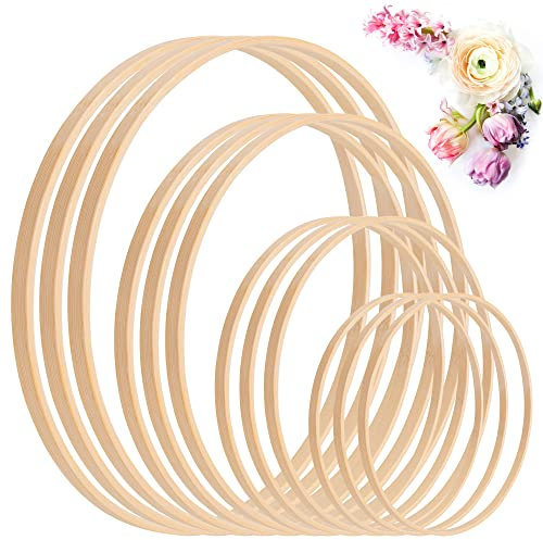 Holz Bambus Blumenkranz 12 Stück Makramee Craft Holz Bambus Floral Hoop Bambusringe Traumfänger Ringe Set für DIY Kranz Hochzeit Dekor Handwerk 4 Größen (15/18 / 20/23 cm)