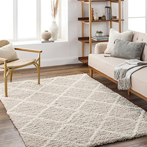 Livabliss Trakai Shaggy Berber Teppich - Flauschiger Langflor Hochflor für Wohnzimmer, Esszimmer, Schlafzimmer - Groß 160x220 cm, Hellbeige, Weiß