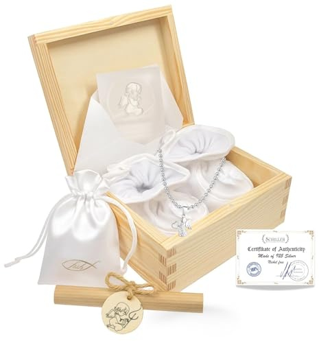 fish Geburt Geschenkset Mit Schutzengel Silberkette Und Babyschuhen In Holzschatulle