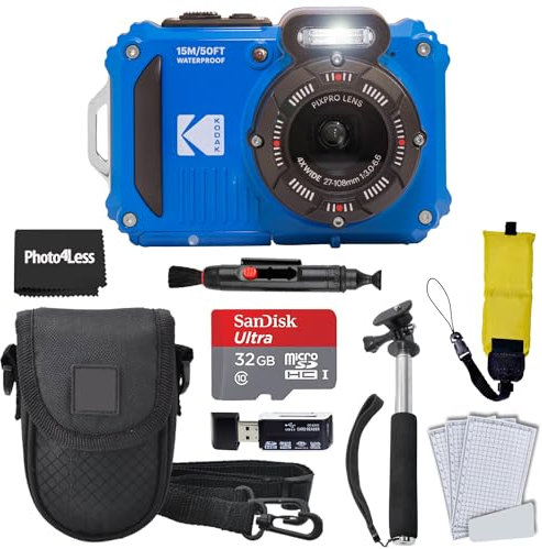 Kodak PIXPRO WPZ2 Rugged Waterproof Shockproof Digital Camera 16MP 4X Optical Zoom 1080P Full HD Video, 2.7 LCD (Blue), 32GB SD Card, Black Compact Camera Case, Floating Strap, Bundle (7 Items)