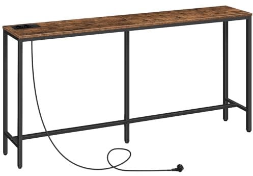 MAHANCRIS Table Console avec Station de Charge, Console Meuble Mince de 160 cm, Table d'Entrée Industrielle avec Ports USB, 160 x 20 x 80,5 cm, Gain de Place, Couloir, Marron Rustique ACTHR16UE01