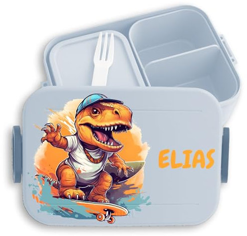 Kinder Bento Box Midi Lunchbox für Mepal Bentobox - Dino T-Rex Dinosaurier TRex Skateboard - 900 ml - Hellblau - t rex brotdose kinderbrotdosen kindergarten saurier fans geschenke zur einschulung