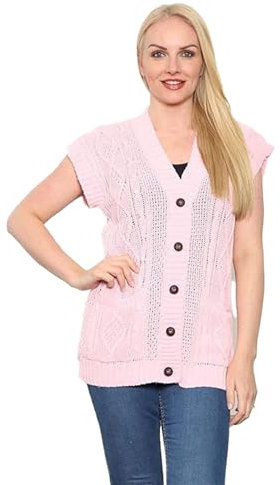 Purple Hanger New Women’s Ladies Long Sleeve Button, Front Pocket Chunky Aran Cable Knit Grandad Cardigan, Sweater Plus Size 8-26 (UK, Numeric, 12, 14, Regular, Regular, Z-Baby Pink)