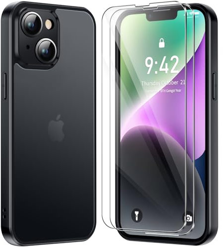 Fiyoarbb Clear Case for iphone 14 with 2 Pack Tempered Glass Screen Protector, Non-Yellowing Shockproof Phone Bumper Cover, Hard PC Anti-Scratch Clear Back (Black)