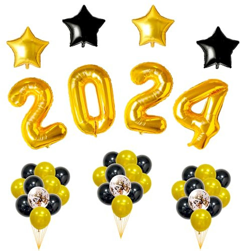 Funfest - Decoración de fiesta de año nuevo 2024 – Pack de 41 globos gigantes color dorado, negro, pajita – Vuelo con helio – Decoración de fiesta de año nuevo 2024