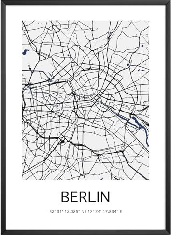 MJ-Graphics - Stadtkarte-Poster Berlin - Bild mit schöner Karte & Koordinaten | Wandbild Din A4 in Galerie Qualität mit extra dickem 300g Posterpapier - FineArt Kunstdruck ohne Bilderrahmen