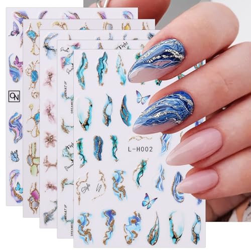 jmeowio JMEOWIO 10 Sheets Marble French Tip Nail Art Stickers Decals Self-Adhesive Colorful Blue Nail Supplies Nail Art Design Decoration Accessories