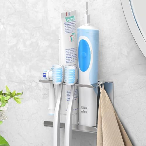 Luxspire Zahnbürstenhalter Wand, Zahnbürstenhalter Elektrische Zahnbürste 6 Schlitze Kompatibel mit Oral B iO Philips Sonic, Zahnputzbecherhalter Ohne Bohren für Badezimmer, Silber