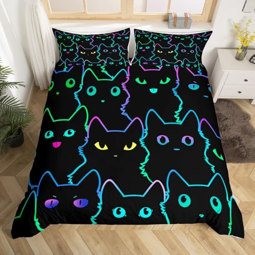 Neon Schwarze Katze Bettwäsche Set 135x200 für Mädchen Jungen,Bunte Lustige Katze Bettbezug Kawaii Zimmer Dekor,Cartoon Katzen Tröster Abdeckung für Katzenliebhaber,Gradient Line Bett Set Reversible