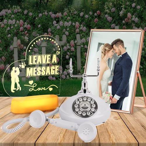 Téléphone de bénédiction de mariage à l'ancienne, décoration de bureau, livre d'or audio, téléphone avec panneau de mariage et cadre photo (blanc)