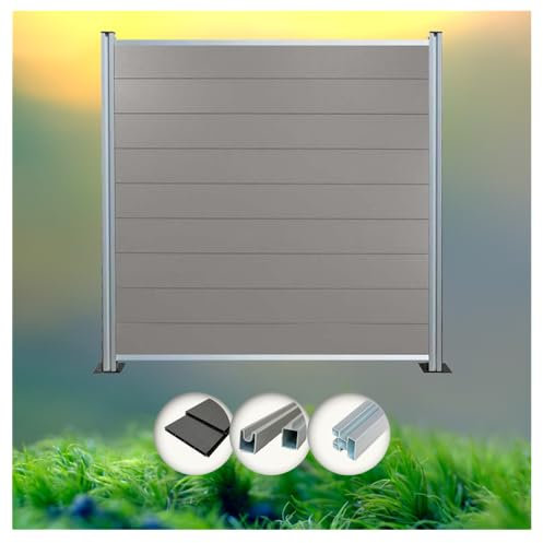 Woodstore24 WoodoZaun - WPC Sichtschutzzaun - Grau - 185 cm x 180 cm - Gartenzaun Komplettset - inkl. Pfosten Silber Eloxiert - 5x Zaun & 6x Pfosten