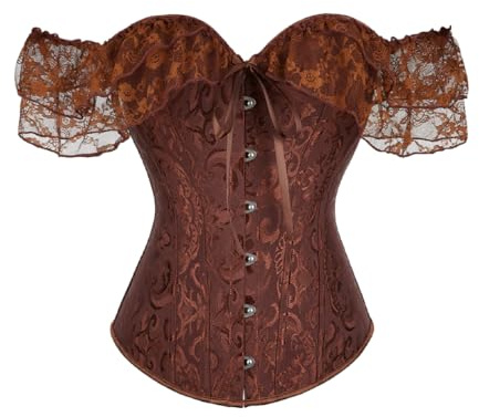 Kelvry Sexy Women Off Shoulder Lace Sleeve Boned Corset Bustier Top Lace Up Waist Cincher Plus Size Halloween Fancy Dress Party Costume