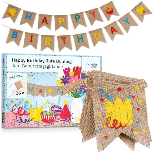 Happy Birthday Girlande Geburtstag aus Stoff : 4m Wimpelkette aus Jute für Bunte Geburtstagsdeko – Geburtstagsgirlande Erwachsene und Kinder – Party Deko von Inovida