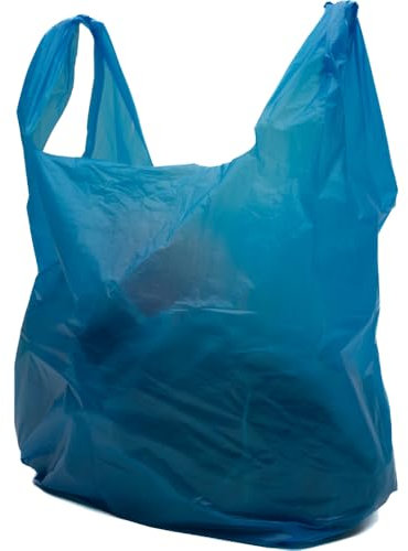 Clearly Carrier Bags - Pack of 100 Blue Heavy Duty Reusable Plastic Shopping Bags, 28x43x53cm, Vest Style with Handles for Food, Clothes, Books and More