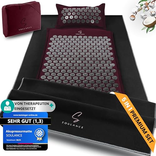 Akupressurmatte mit Kissen- 5-in-1 Premium Set [inkl. Yoga-Tuch] & Tragetasche,Kokosfaserfüllung – Massagematte, Akupunkturmatte gegen Nacken-und Rückenschmerzen (Bordeaux)