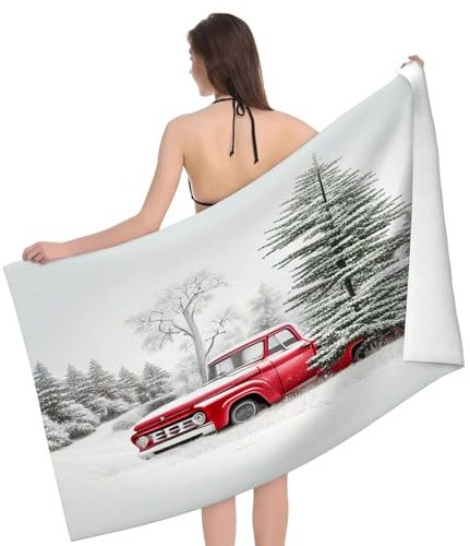 Strandtuch mit Weihnachtsbaum und rotem Pickup-Truck, der im Schnee fährt, weiches, extragroßes Pool-Schwimmtuch für Erwachsene, Reisedecke, Kreuzfahrt-/Urlaubszubehör, unverzichtbares Zubehör, 81,3 x
