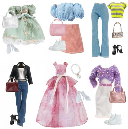 Xerteam 17 Fashion Puppen Kleidung, 6 Sets 11,5 Zoll Puppen-Outfits umfassen Partykleid, schickes Kleid, stylische Anzüge, Prinzessinnenkleid mit 2 High Heels, 1 Sneaker, 1 Perlenkette, 2 Taschen