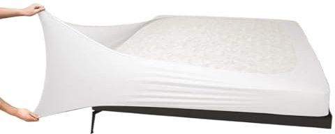 Bed Skirt Housse de sommier ingénieuse for lit queen size - En jersey tricoté et extensible - Jupe de lit enveloppante sur 4 côtés for hôtel et maison - Jusqu'à 12 pouces de hauteur Cache Sommier(Whit