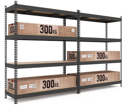 baudim 2er Set Schwerlastregal Titan Gesamtlast 1200 kg 4 MDF-Böden Schwarz robuste Steckregal, 180x160x60 cm, Lagerregal, Kellerregal, Garagenregal, Werkstattregal