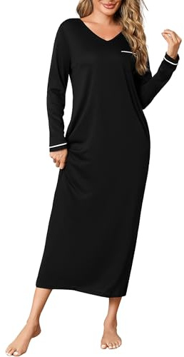 Leversic Women Long Sleeve Nighties Long Nightgown Front Chest Pocket V Neck Cotton Nightdress Home Nightwear for Lounge
