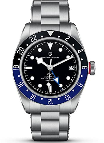 Pagani Design 1706 GMT Herren-Automatikuhren, Edelstahl, 100 m wasserdicht, doppelte Zeit, modisch, lässig, selbstaufziehende Armbanduhr, blau / schwarz, Armband