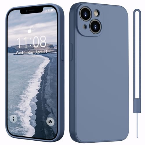 Kukiwhy Hülle für iPhone 14 Silikon mit 1 Lanyard,Microfiber-Innenfutter Dünn Hanyhülle für iPhone 14 5G Case Rundumschutz Kameraschutz stoßfeste Kratzfest Schutzhülle für iPhone 14 6.1'' Blau Grau
