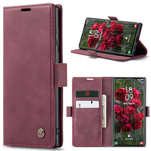 Azororo Coque pour Samsung Galaxy S24 Ultra 5G Premium Housse Cuir Protection Pochette Rabat Portefeuille Flip Case Porte Magnétique Coque Étui pour Samsung Galaxy S24 Ultra, Vin Rouge