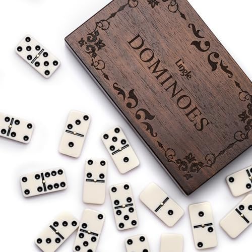 Lingle Lot de dominos pour adultes, double six dominos pour jeux de société classiques, 28 pièces avec boîte en bois naturel, soirée de jeu en famille et jeux de stratégie