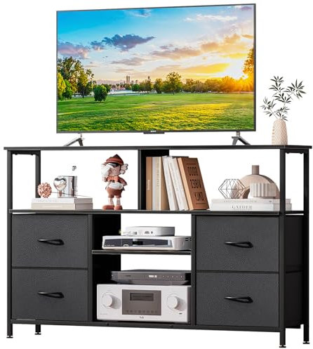 KZOBYD TV Stand with Drawers, TV Console Table with Open Storage Shelves, Television Table for TVs, 4 Tier TV Unit Multimedia Centers for Living Room, Bedroom, Length 47 inch (Black&Black)