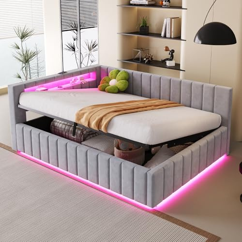 KUAKE Polsterbett Schlafsofa 140x200, Mit hydraulischem Stauraum, Mit LED-Licht und USB-Ladeanschluss, Mit Rückenlehne, Kopfteil und Stabilem Bettrahmen, Samtstoff, ohne Matratze (Hellgrau)