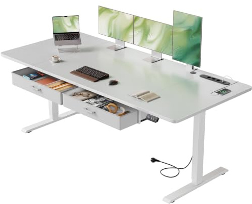 HLONONE 180 x 80 cm Höhenverstellbarer Schreibtisch mit Steckdose, Weiß | 2 AC-Anschlüsse & 3 USB-Anschlüssen, 2 Schubladen, Memory Funktion, 72-117cm Höhenverstellbarer, für Homeoffice