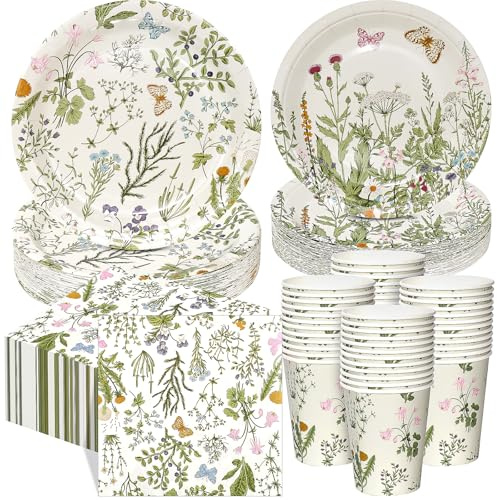 250 Pieces Floral Tableware Set Afternoon Tea Party Tableware Paper Plates Cups Napkins Vintage Party Decorations for Birthday Baby Shower Weddings, Serve 50 Guests, Green