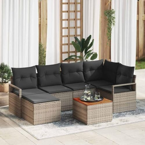 Owoxanthellate Garten-Sofa-Set 7-Teilig Grau Poly-Rattan 69 cm hoch Modular für Balkon Terrasse Outdoor Lounge Sitzgruppe wetterfestes Akazienholz Gartentisch Komplett für Garten Wohnzimmer