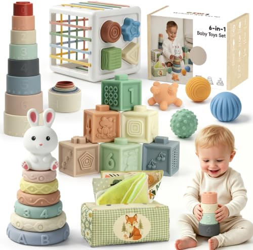 Anook Jouet Bebe 6 Mois, Jeux d’Éveil Bebe 6-12 Mois,6 en 1 Jeux Montessori | Jeux Sensoriel Bebe avec Jouets à Empiler,Boîte à Mouchoirs,Trieur de Formes,Balles Sensorielle Bebe, Cadeau Bébé 6-12 Mois