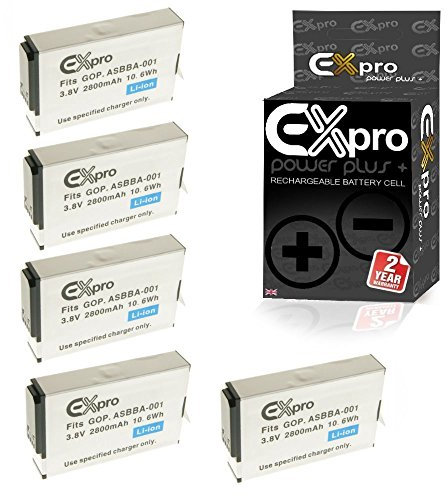 Ex-Pro ASBBA-001, Ultra High Capacity 2800mAh 2 Year Warranty Replacment Lithium Li-on Digital Camera Battery Compatible with/for GoPro Hero Fusion - [5 PACK]