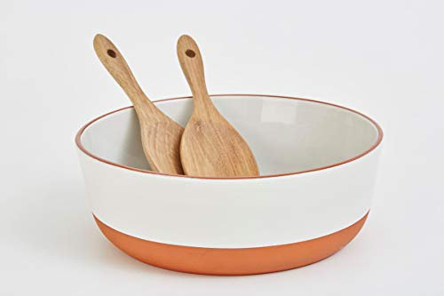 Jamie Oliver Ensaladera de terracota, color crema y natural, con cubiertos de madera